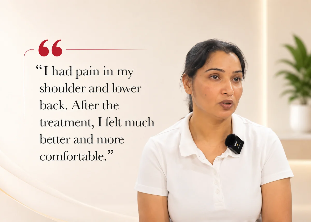 Patient testimonial for shoulder and lower back pain relief after treatment
