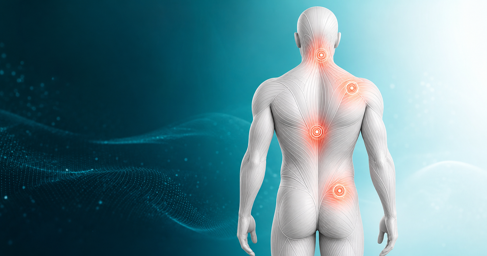 FDM pain pattern illustration showing neck, shoulder, back and hip restriction points