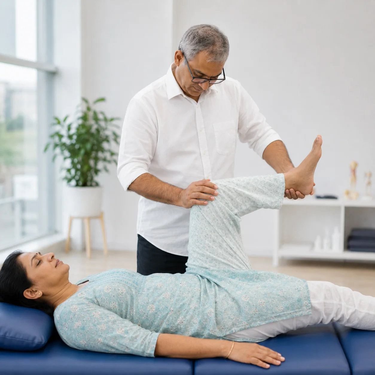 Leg mobility physiotherapy and hands-on rehabilitation care
